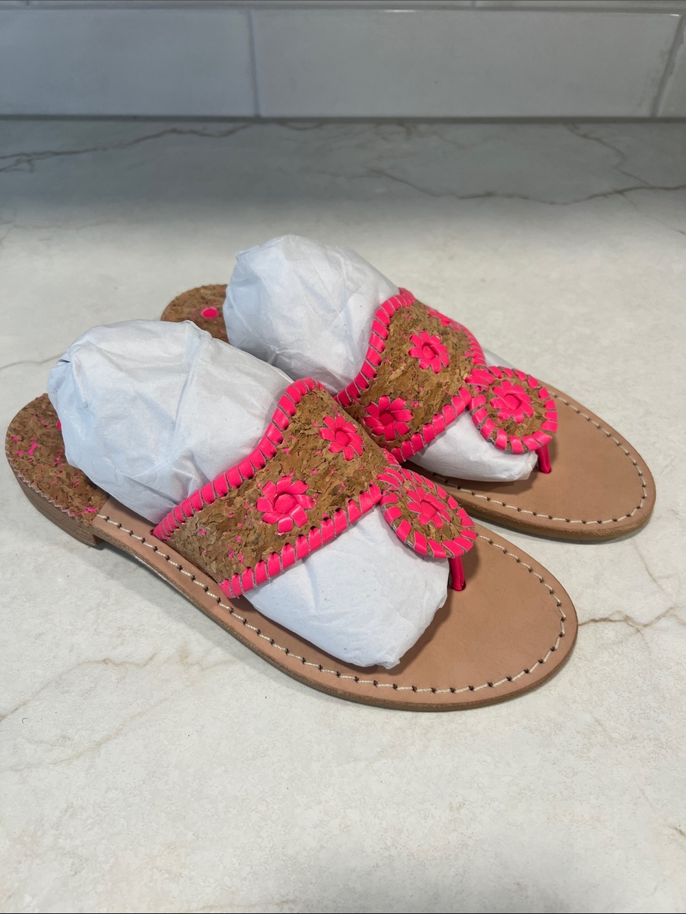 Jack Rogers Natural Woven Sandals with Hot Pink Trim